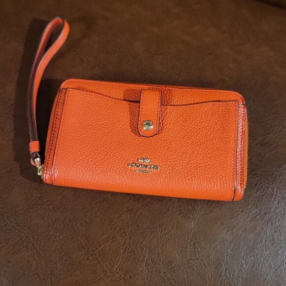 Coach Orange Pebble Leather Zip Around Wallet - Picture 1 of 3